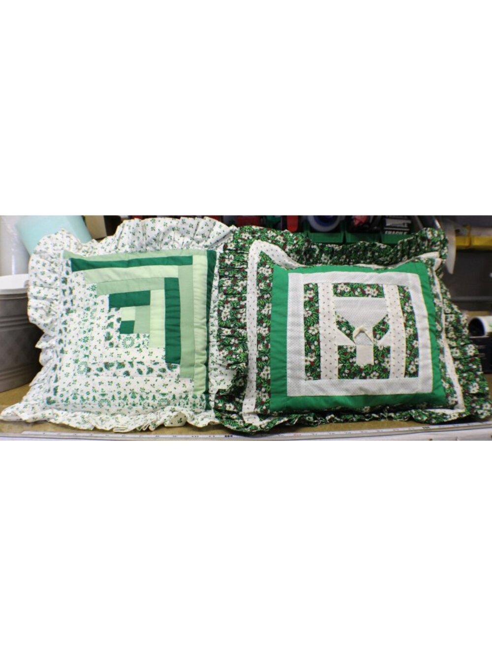 Set 2 Handmade Ruffled Quilted Throw Pillows Holiday Green White Holly Pattern